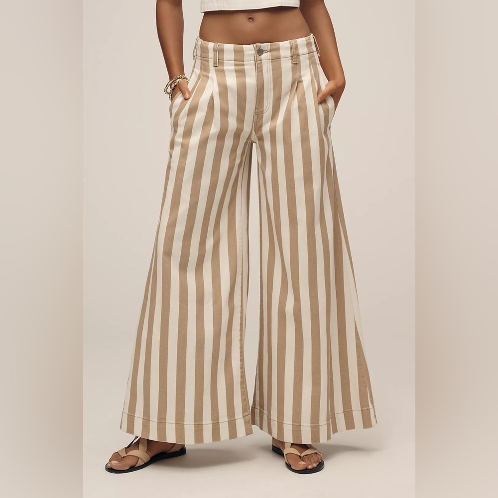 Anthropologie Beige and White Striped Wide-Leg Jeans